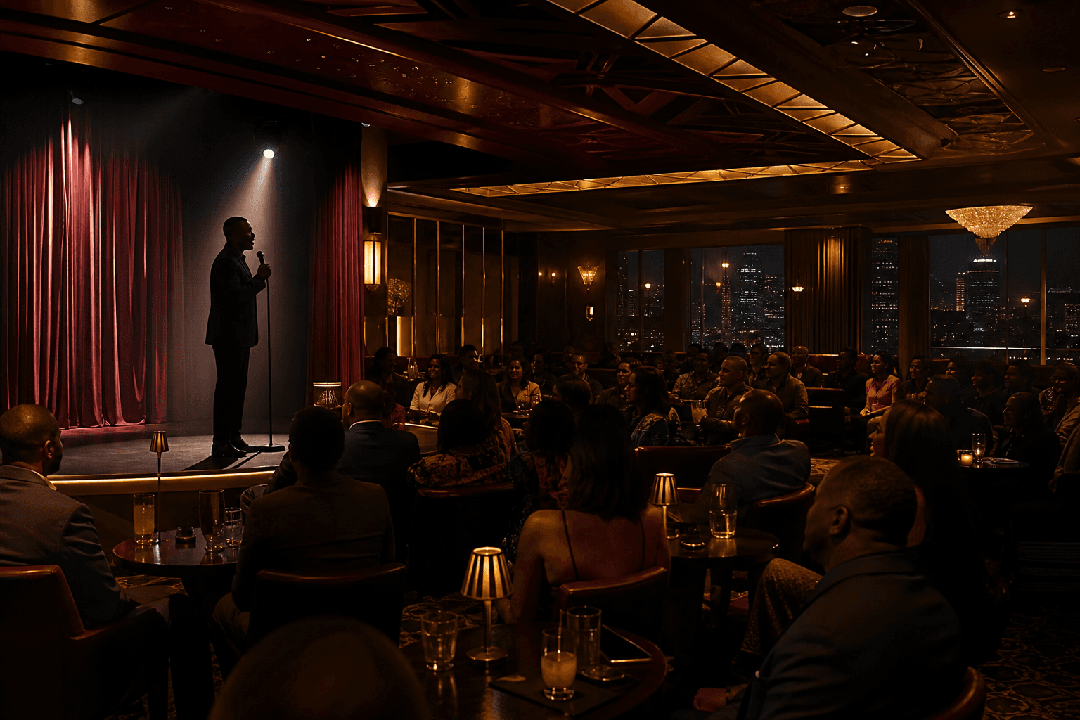Dimly lit comedy lounge with stage and audience at Studio Giraffe.